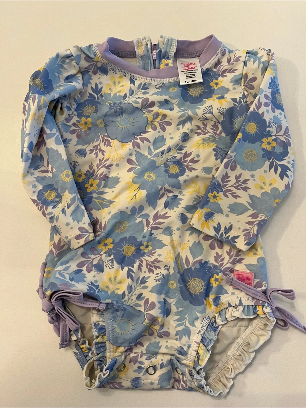 Floral Long Sleeve Baby Swimsuit - Blue, Yellow, Lavender